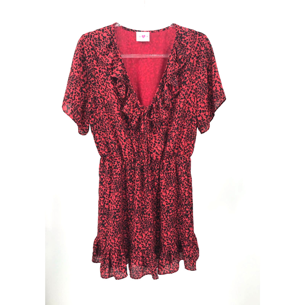 Buddy Love Trixie Red Black Print V-Neck Ruffle Mini Dress Womens Medium